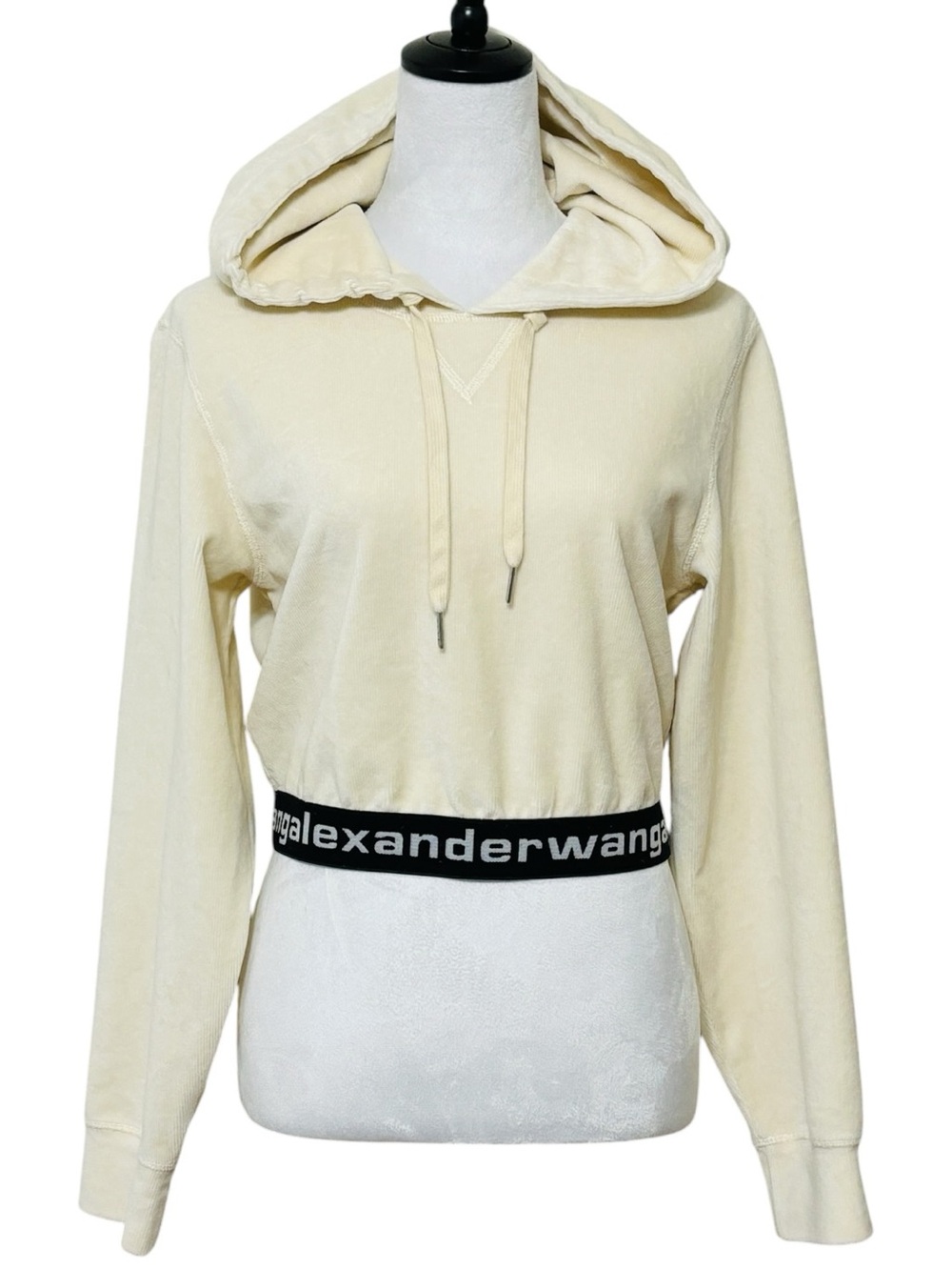 Alexander Wang Logo Elastic Band Corduroy Cropped Hoodie Womens Medium Butter